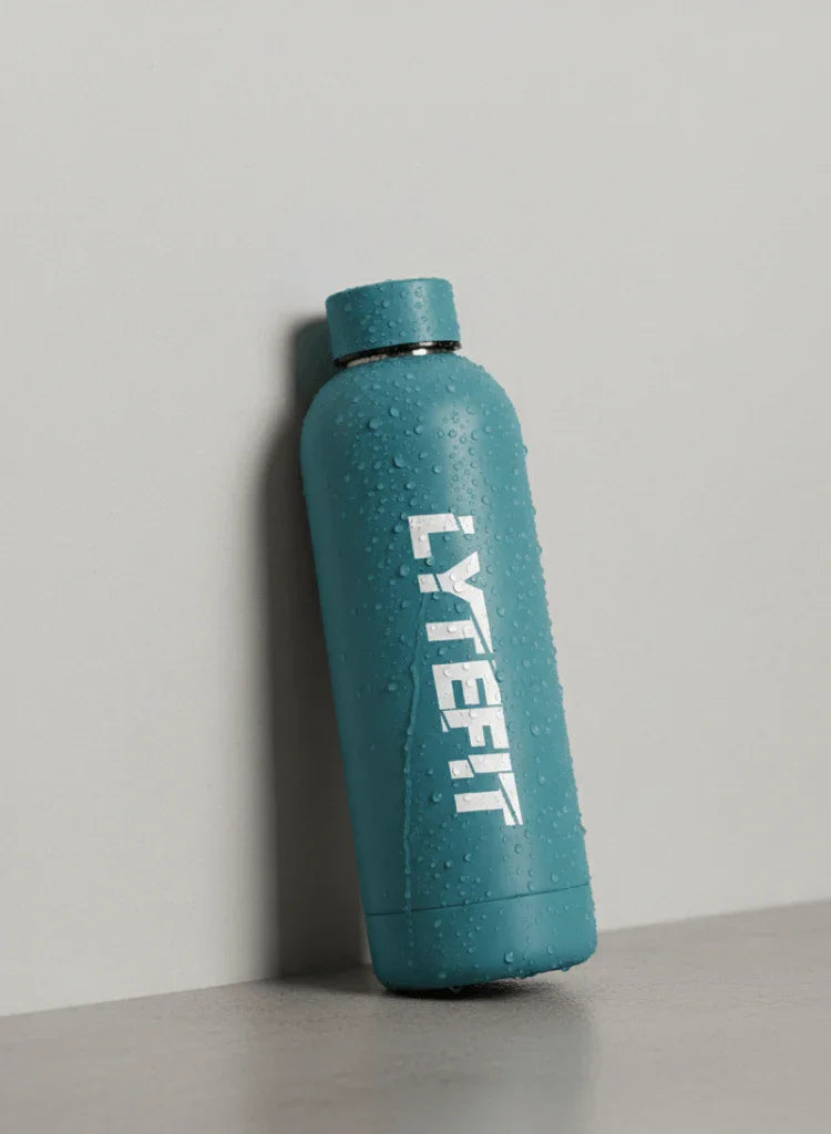 Gourde isotherme Lytefit bleu canard - Vue de face avec logo arrière - Bouteille inox sport