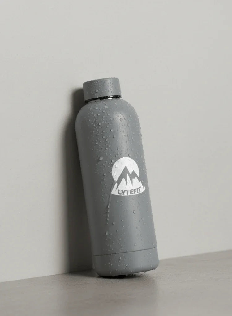 Gourde isotherme inox Lytefit grise- Vue de face avec logo - 500ml double paroi - 48h au frais et 24h au chaud