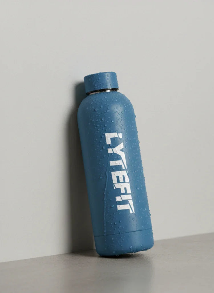 Gourde isotherme Lytefit bleu marine - Vue avec logo avant - Bouteille inox sport