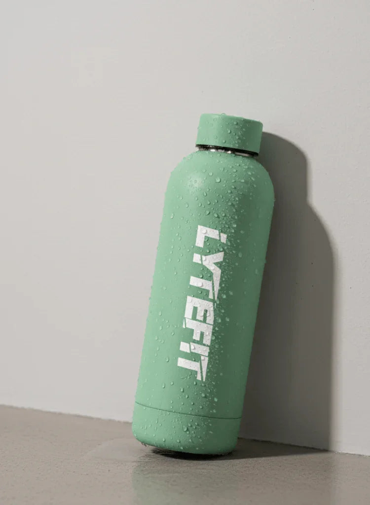 Gourde isotherme inox Lytefit vert d'eau- Vue de face avec logo - 500ml double paroi - 48h au frais et 24h au chaud