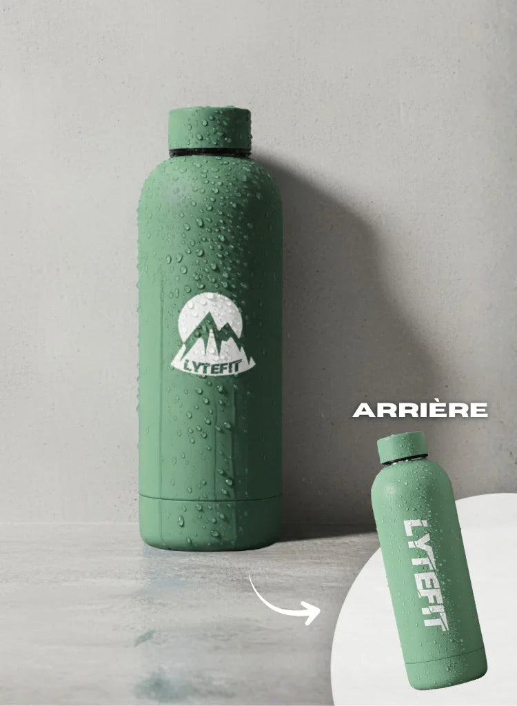 Gourde isotherme Lytefit vert d'eau - Vue face avant et arrière avec les deux logos - Inox double paroi