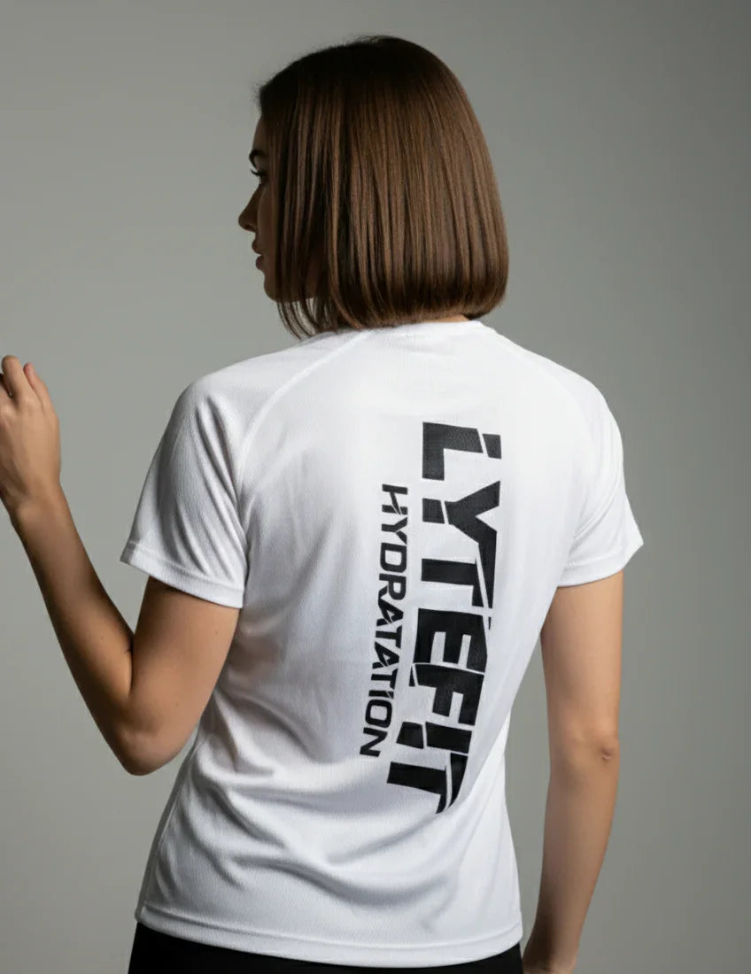 T-shirt technique Lytefit femme blanc - Vue de dos avec logo - Coupe ajustée sport