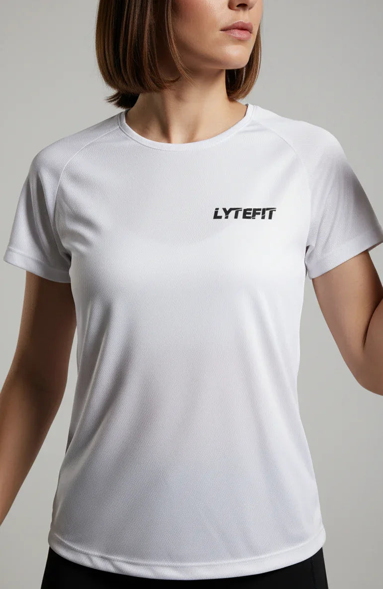 T-shirt technique Lytefit femme blanc - Vue de face - Coupe ajustée fitness et sport