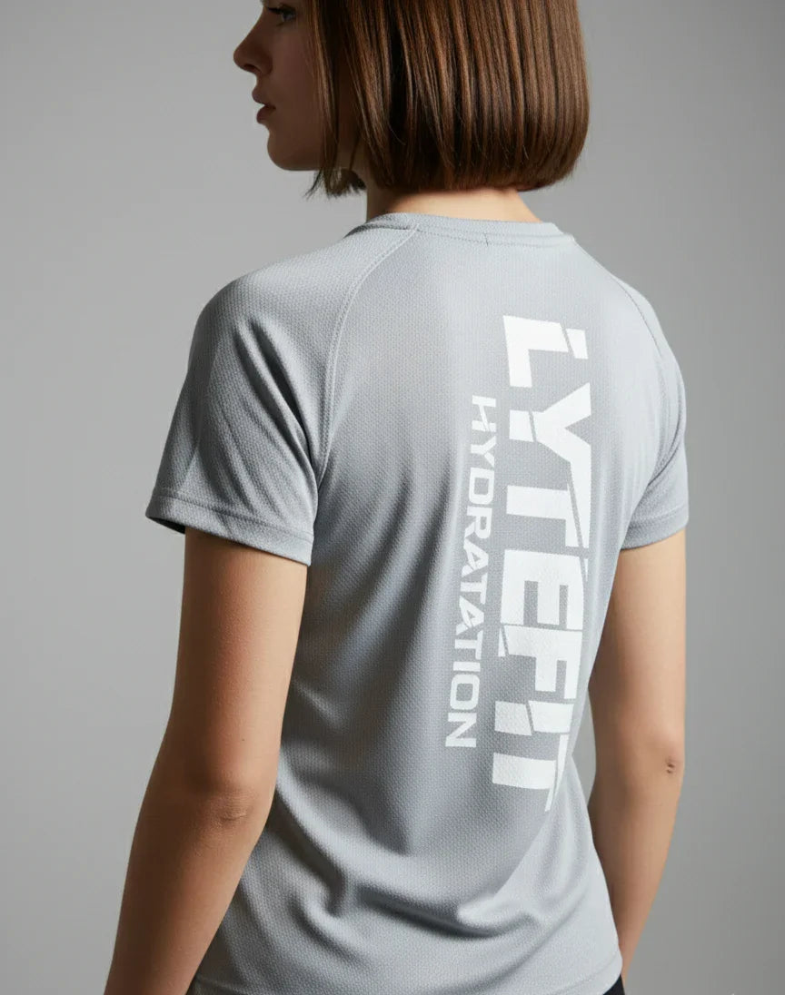 T-shirt technique Lytefit femme gris - Vue de dos avec logo - Coupe ajustée sport