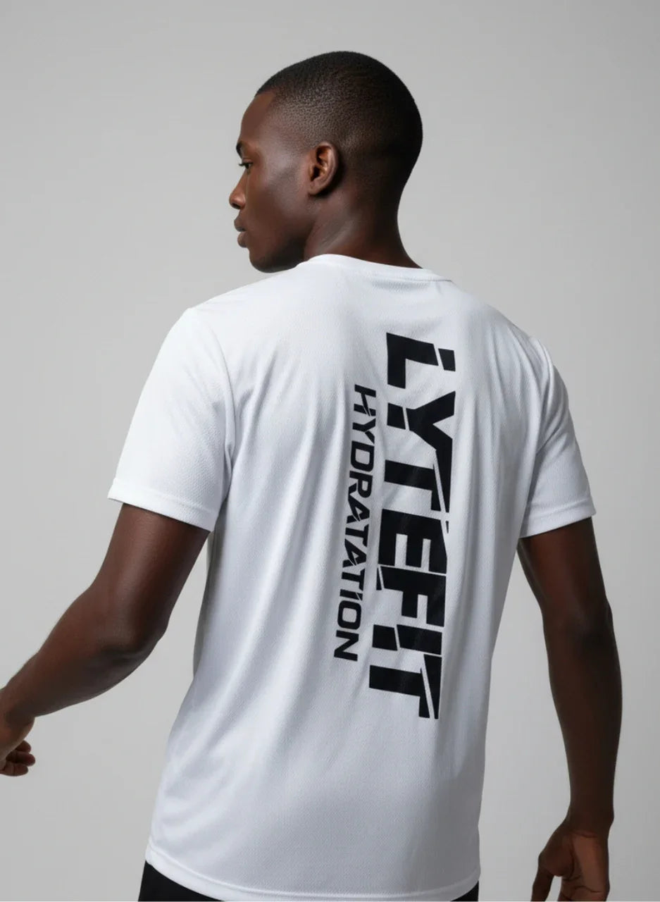 T-shirt technique Lytefit homme blanc - Vue de dos avec logo - Coupe ajustée sport