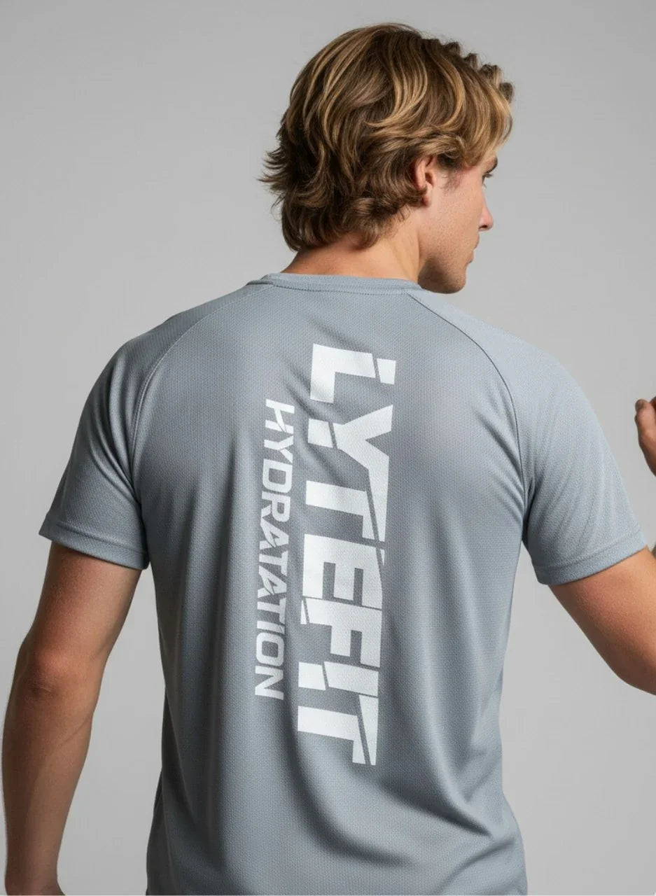 T-shirt technique Lytefit homme gris - Vue de dos avec logo - Coupe ajustée sport